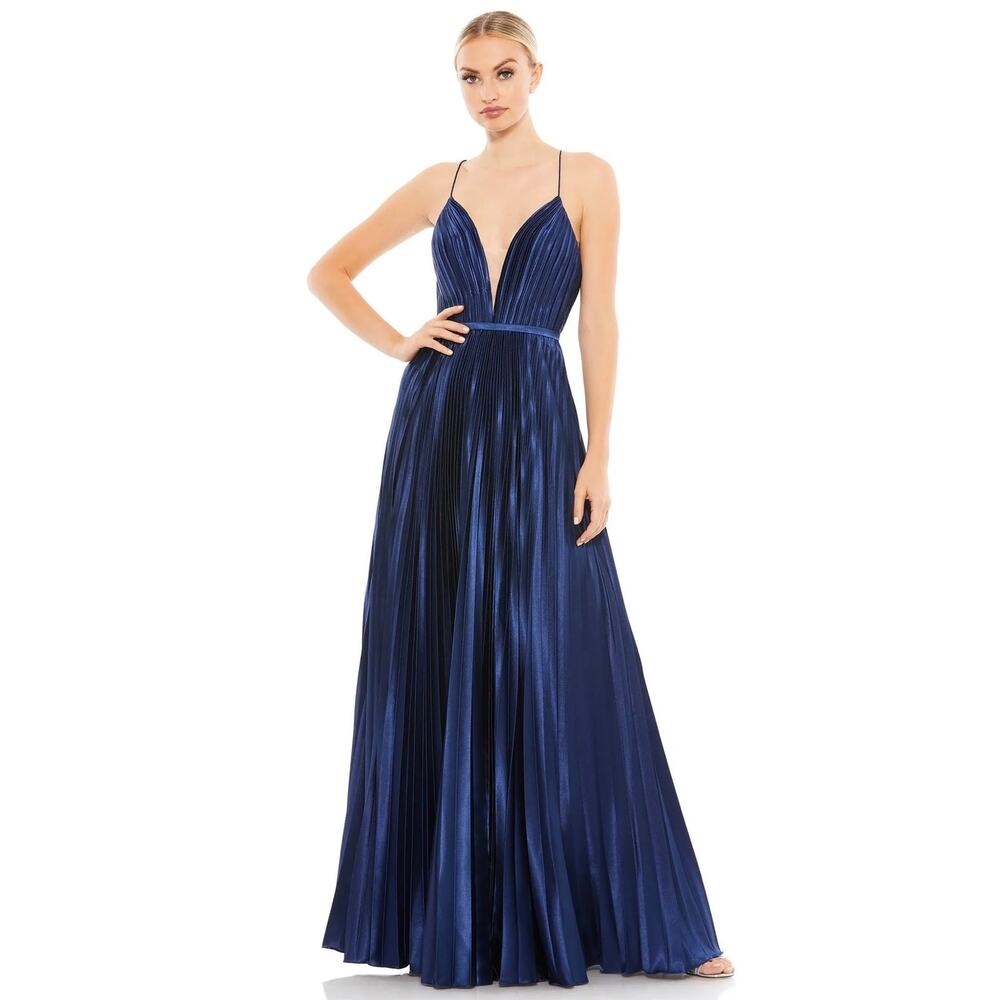 Mac Duggal 49039 Midnight Blue‎ Pleated Plunge Neck Sleeveless Gown Size 10 NWT